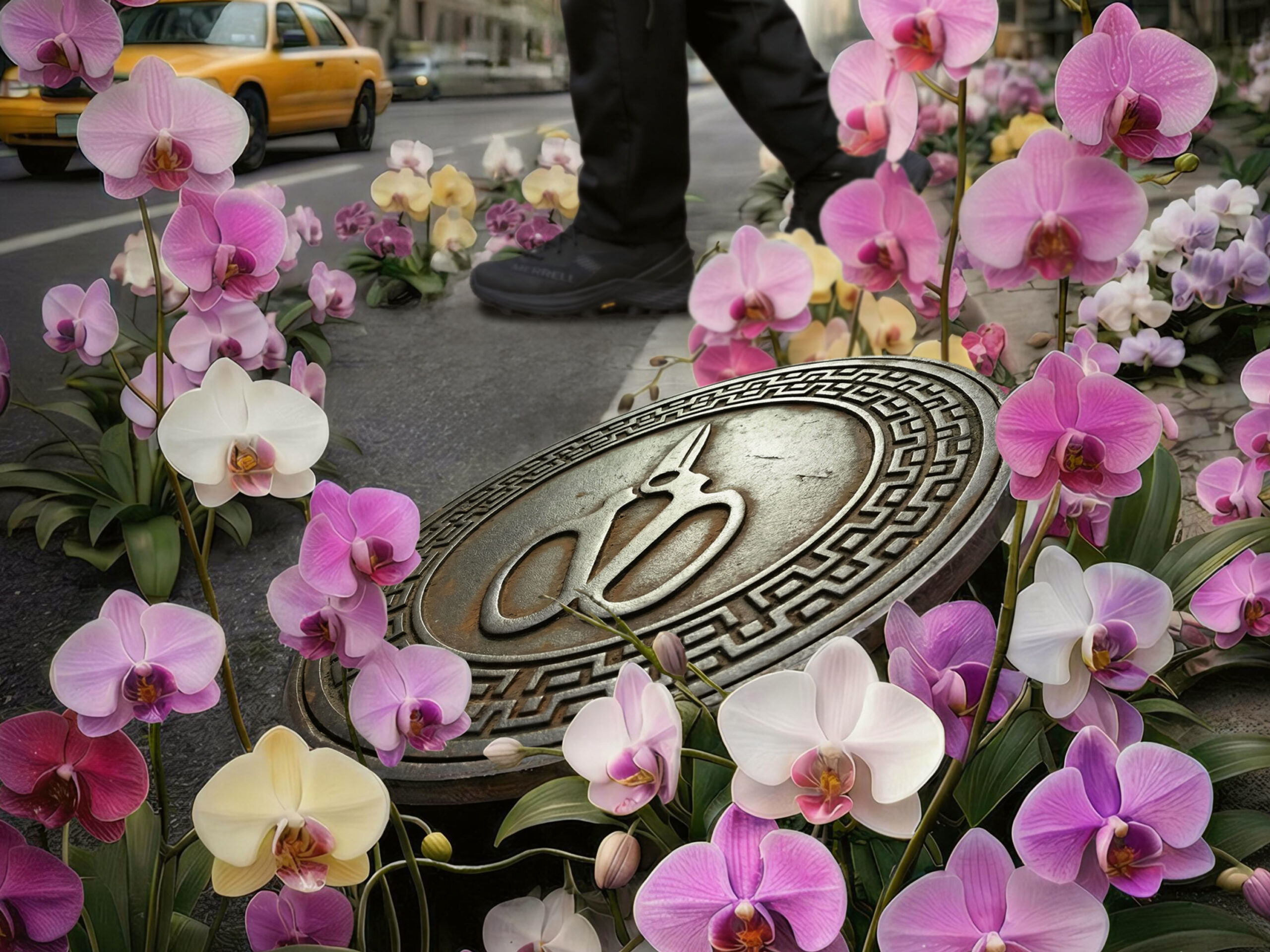 A graphic depicting pink and white flowers surrounding a manhole cover, with a person in black clothing walking past in the background