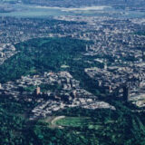 An aerial view of a forested cityscape
