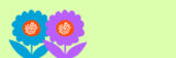 A green banner with blue and purple flowers