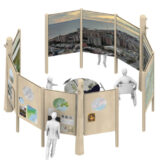 A rendering of a circular interactive signage display with people exploring inside and out