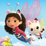 A child with long dark hair and pink fairy wings flies through a blue sky with a cat