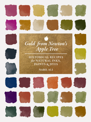 A book cover covered in swatches of paint with the title "Gold from Newton's Apple Tree"