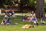 A person in a white shirt plays a lawn game while people lounge on the sunny green grass behind them