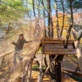 A child traverses a wooden treetop walk with netted walkways