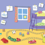 A colorful purple and yellow illustration of a child's bedroom with a bunkbed and toy train set