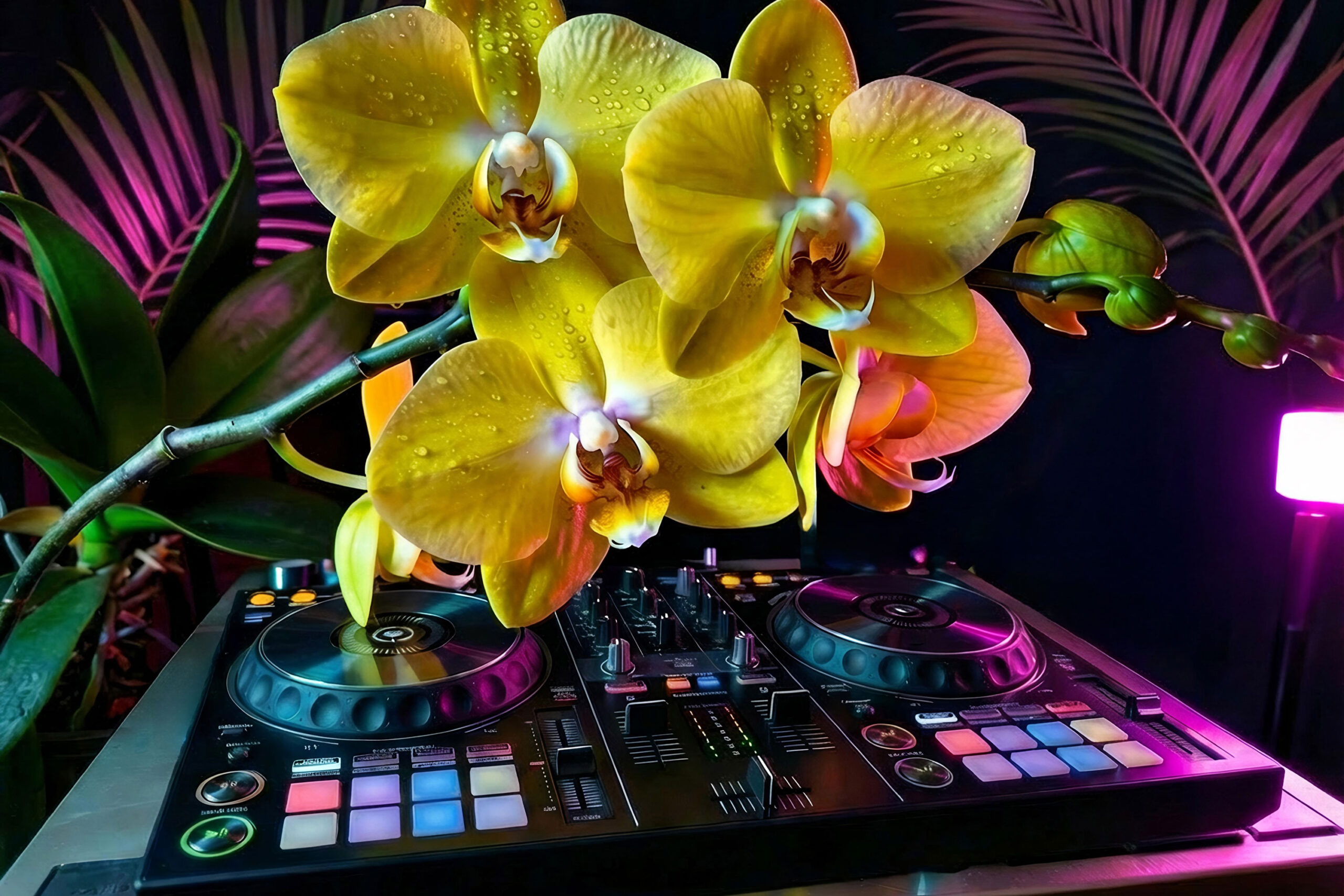 An arrangement of yellow orchids over a pair of DJ mixing boards