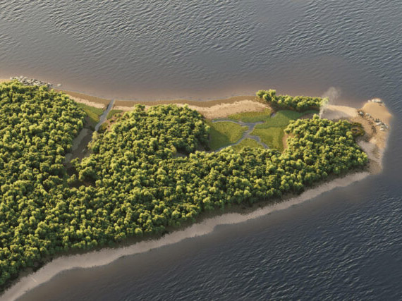 An aerial view of a forested peninsula
