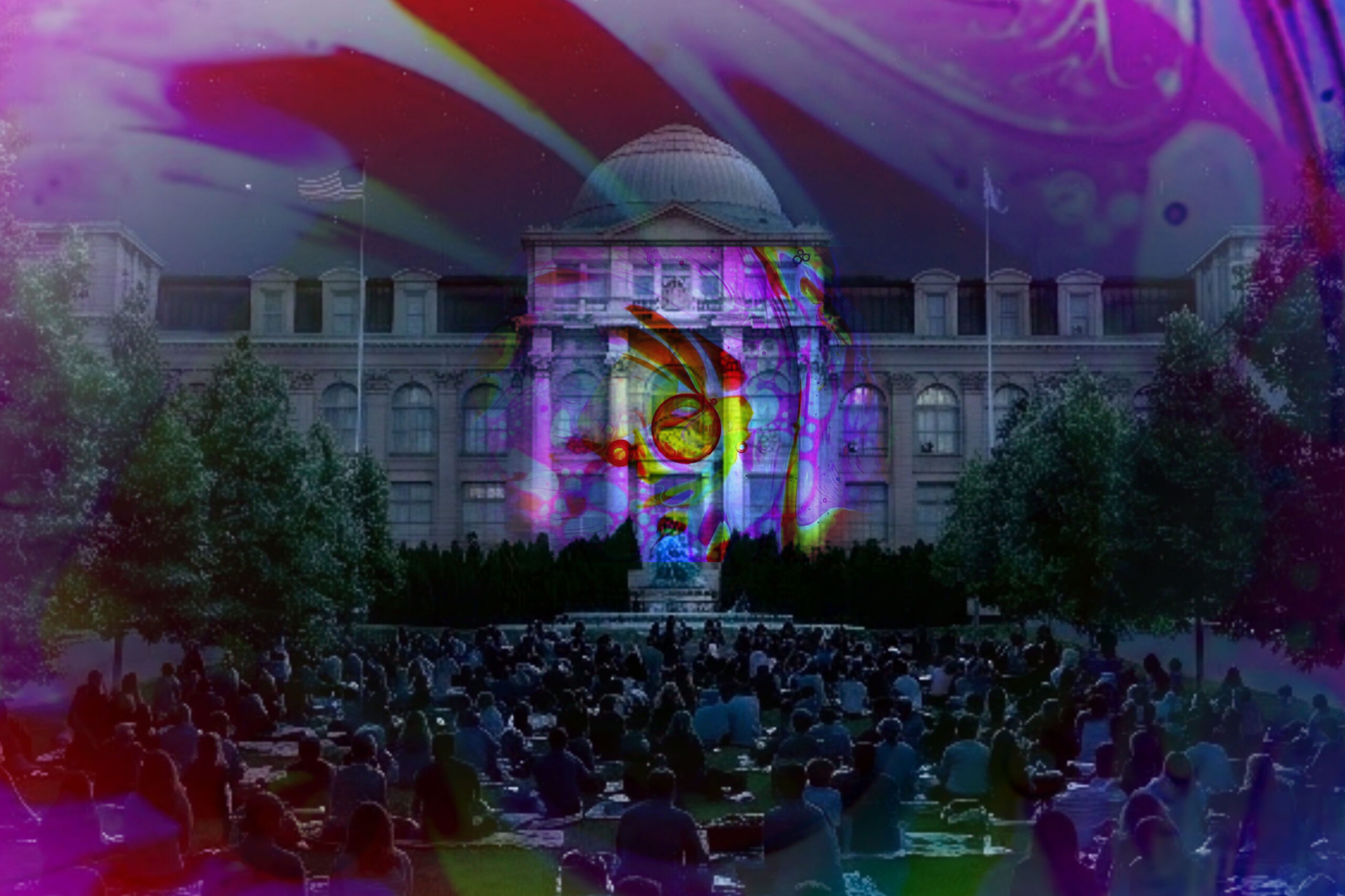 A psychedelic purple and red swirl over a classical building