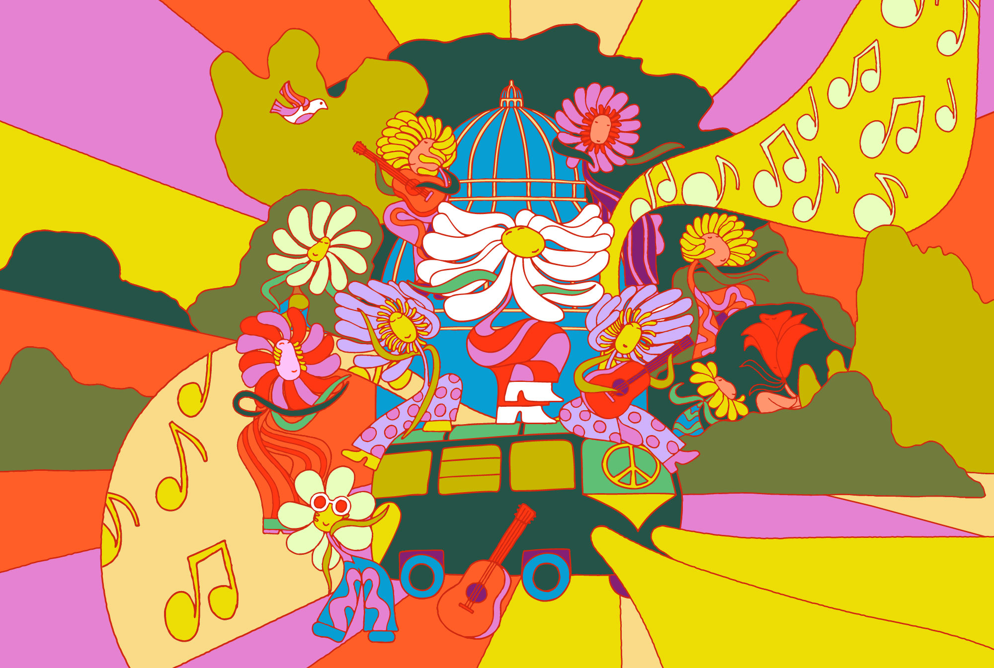 A colorful display of dancing flowers amid yellows, purples, reds, and oranges