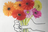 an illustration of a hand holding a bouquet of red, orange, yellow and pink flowers