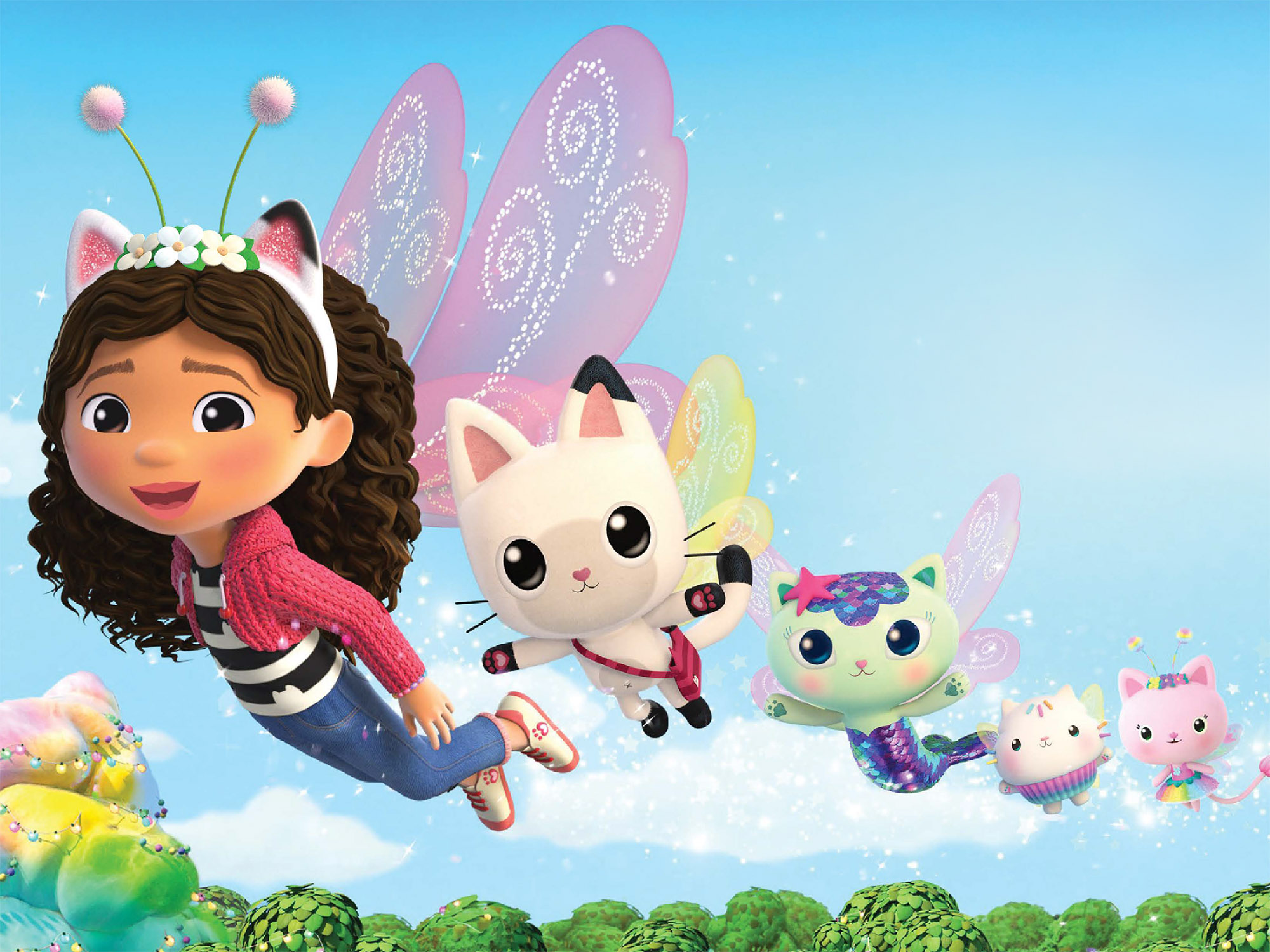 An illustration of a child with fairy wings flying through a blue sky with a cadre of colorful cats