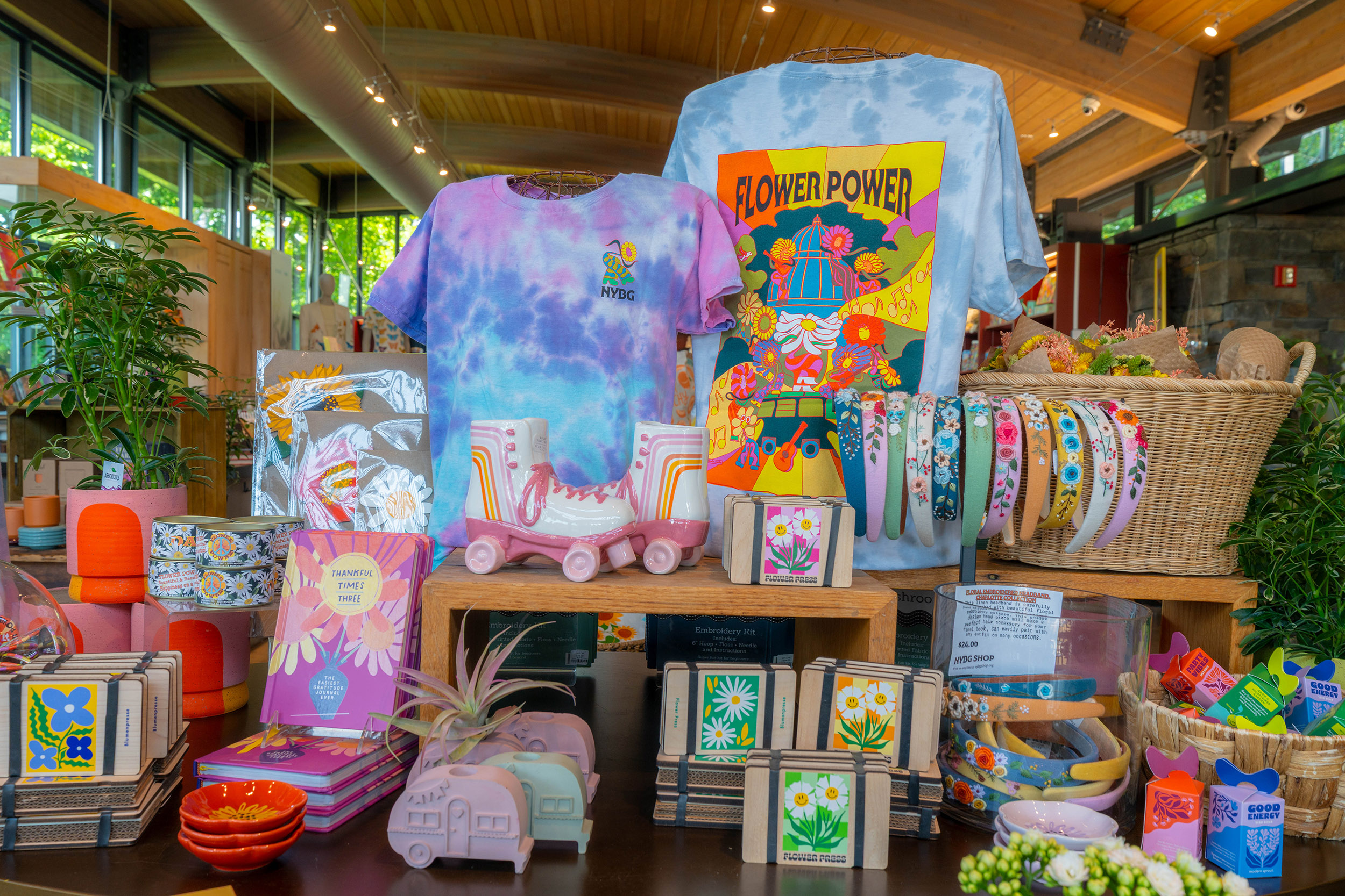 An arrangement of tie-dyed merchandise in a shop setting