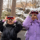 Two children in winter clothing use binoculars to look for birds in a forest