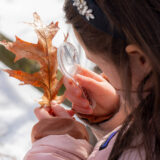 A child uses a magnifying glass to examine a brown winter leaf