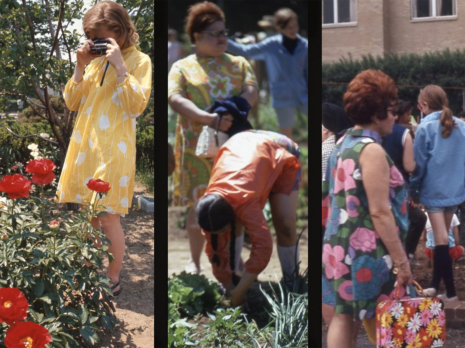 Three images of people in colorful yellow, red, and blue dresses taken on a sunny day outdoors