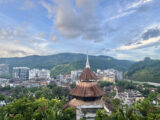 A view of the city of Jinghong, China, with green mountains and leafy tropical trees