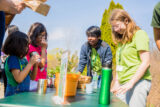 Two teenagers lead two smaller children during an outdoor activity on a sunny day