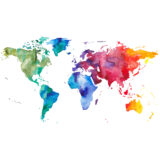 A rainbow watercolor painting of the Earth's continents