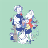 An arrangement of colorful illustrated characters in blue and white