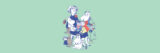 An arrangement of colorful illustrated characters in blue and white