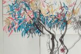 A pen illustration of a tree with colorful long leaves