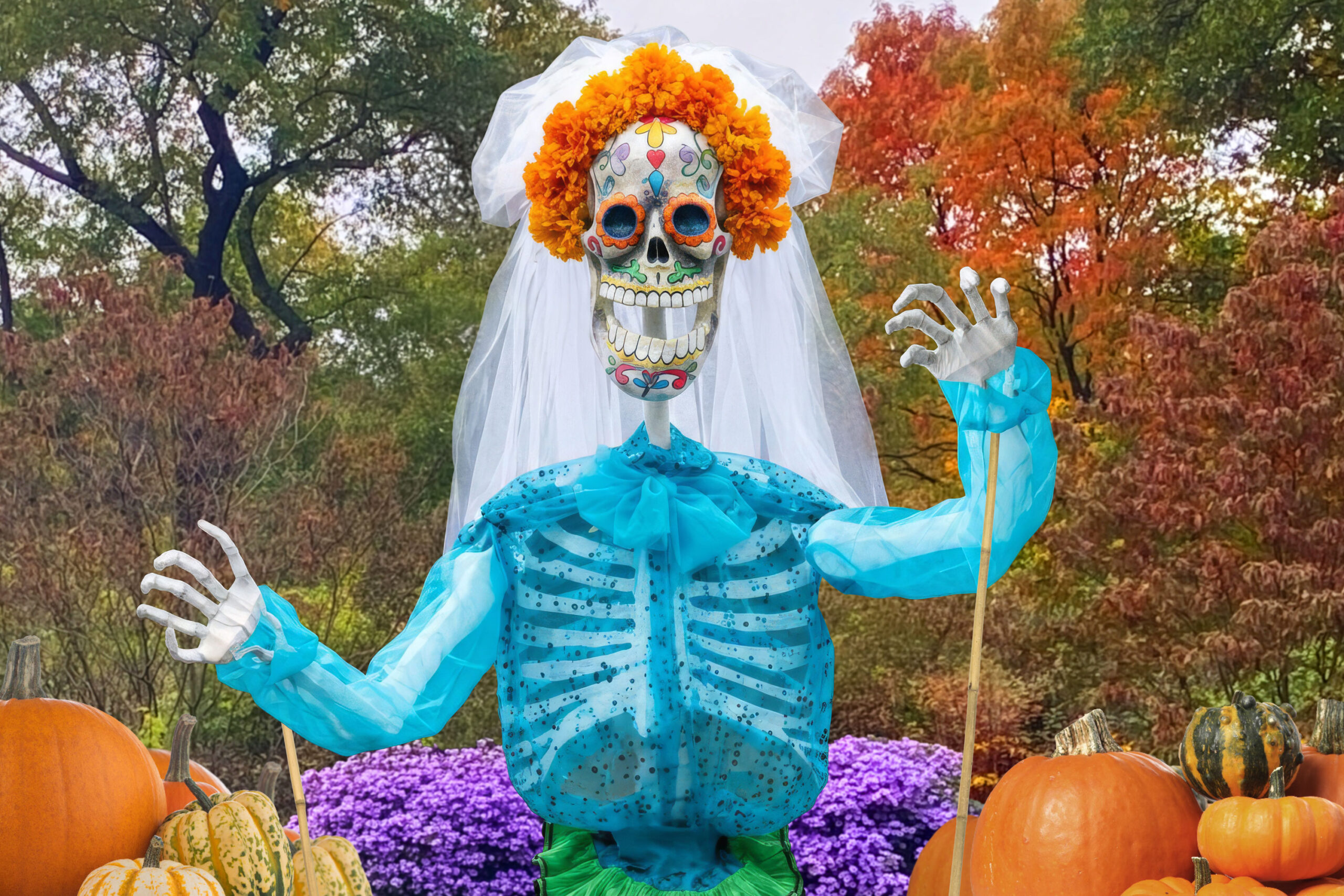 A large skeleton puppet wearing a crown of orange flowers, face paint, a blue shirt, and a white veil, surrounded by orange pumpkins and fall foliage