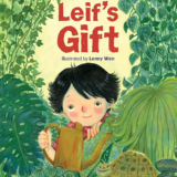 A colorful green children's book cover with an illustration of a small, dark-haired child holding a watering can among a number of green leafy plants