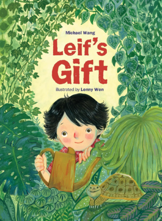A colorful green children's book cover with an illustration of a small, dark-haired child holding a watering can among a number of green leafy plants