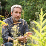 A person with short gray hair and a collared shirt sits among bright green foliage