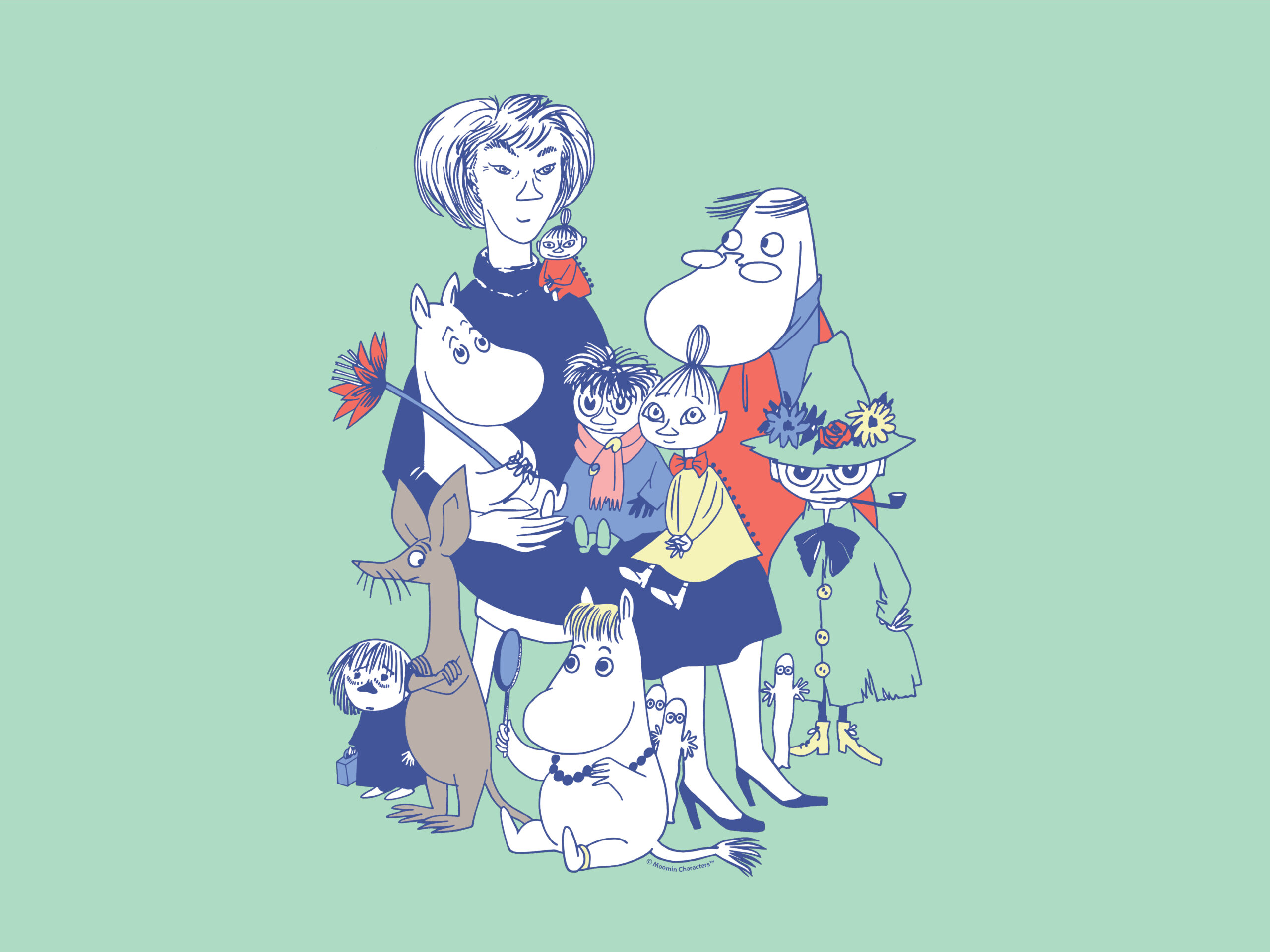 An arrangement of colorful illustrated characters in blue and white