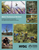 The cover of the BCGI Technical Review: Scaling ecosystem restoration through botanical garden networks. Photos of people working in natural forested areas and gardens are included.