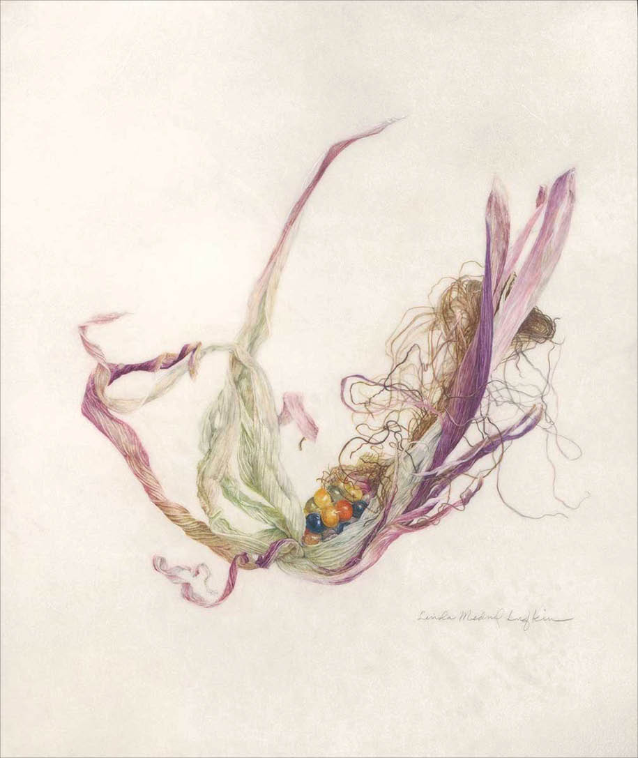 Watercolor of green yellow red black orange and purple kernel on an ear of corn wrapped in a dried gray and purple husk