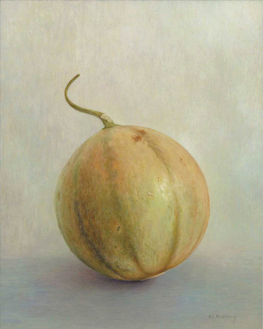 Tempera painting of a round muted orange pumpkin with a thin green curled stem