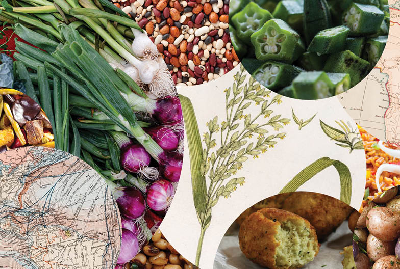 Photo collage featuring a headshot of Dr  Jessica B  Harris surrounded by images of okra, beans, potatoes, and other culinary ingredients