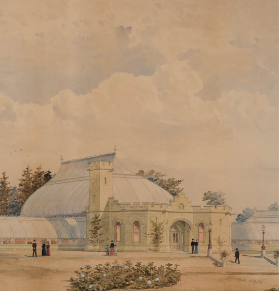 A watercolor illustration of one of the original proposed designs for the Enid A  Haupt Conservatory featuring a unique, castle-like addition to the front of the structure