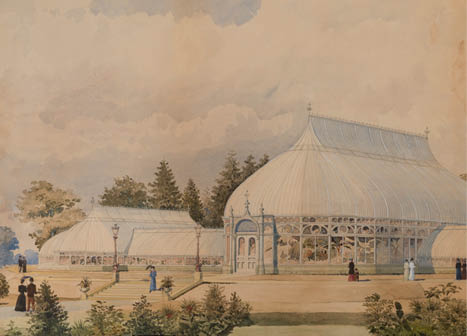 A watercolor illustration of one of the original proposed designs for the Enid A  Haupt Conservatory, featuring sharp finials and a dramatically different entryway