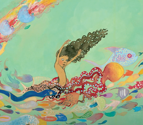 An illustration of a child dressed as a mermaid, hair flowing with a swirl of sealife painted around them