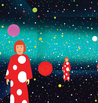 A colorful illustration of the artist Yayoi Kusama wearing a polka-dot red and white dress, with a fanciful representation of the cosmos behind her